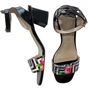 Anthropologie Capelli Rossi Sandals Leather Block Heel Floral Black White 38 7.5